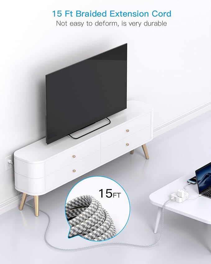 Surge Protector Power Strip 15 Ft Long Cord, Extension Cord 15 Feet with 8 Outlets 4 USB Ports(2 USB C), Flat Plug, Desk Charging Station for Home Office College Dorm Room Essentials