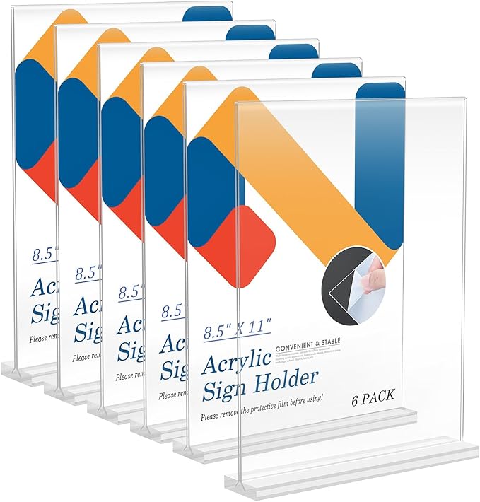 Relx 6 Pack Acrylic Sign Holder 8.5 x 11, Vertical T Shape Plastic Sign Holder with Base, Double-Sided Clear Tabletop Plexiglass Flyer Stands for Restaurant Office Store Home Picture Frame Display