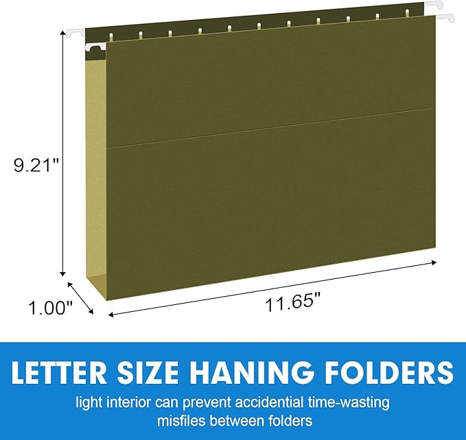 Extra Capacity Hanging File Folders, RAZCC 30 Pack Letter Size Reinforced Hanging Folders with Heavy Duty 1 Inch Expansion for Bulky Files, Filing Cabinet, Adjustable Tabs, Green