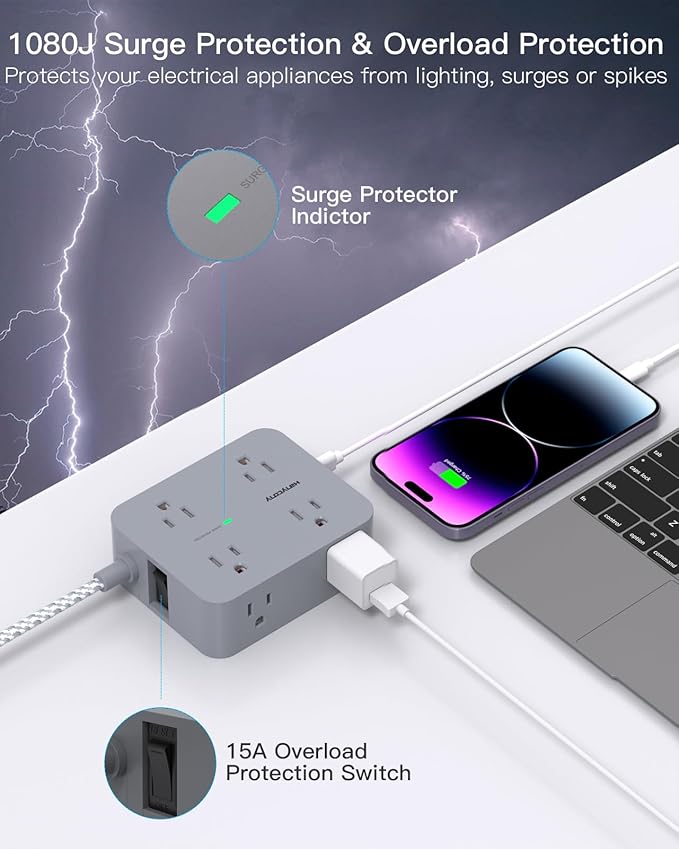 Surge Protector Power Strip 15 Ft Long Cord, 8 Outlets 4 USB Ports(2 USB C), Flat Plug, Desk Charging Station for Home Office College Dorm Room Essentials