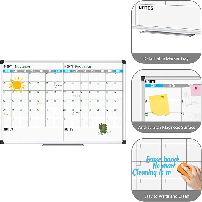 XBoard Magnetic Calendar Whiteboard 48" x 36" - 2 Month Dry Erase Board, White Board + Colorful Calendar Board, Silver Aluminium Framed Monthly Planning Board