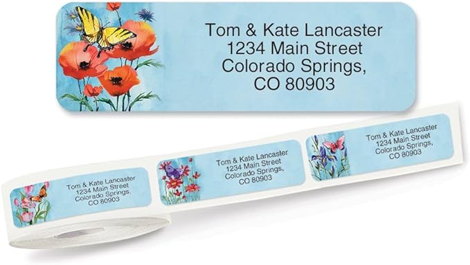 Colorful Images Floral Wings Rolled Personalized Return Address Mailing Labels with Dispenser, 5 Designs, Set of 500, Small ¾ x 2½ Inch Size, Custom Self-Adhesive Sticker Roll