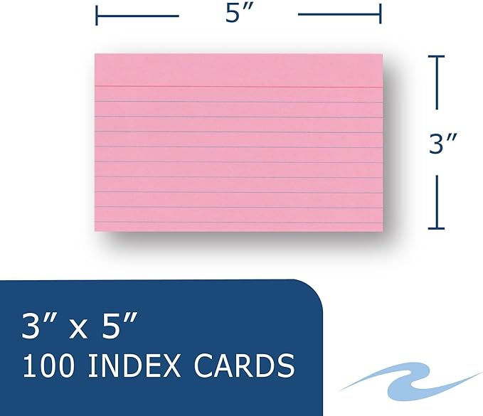 Roaring Spring Colored Index Cards 3"x5", 100 Count, Smooth 100# Index Paper, Ruled on Front, Blank on Back, 3 Colors (Pack of 36)