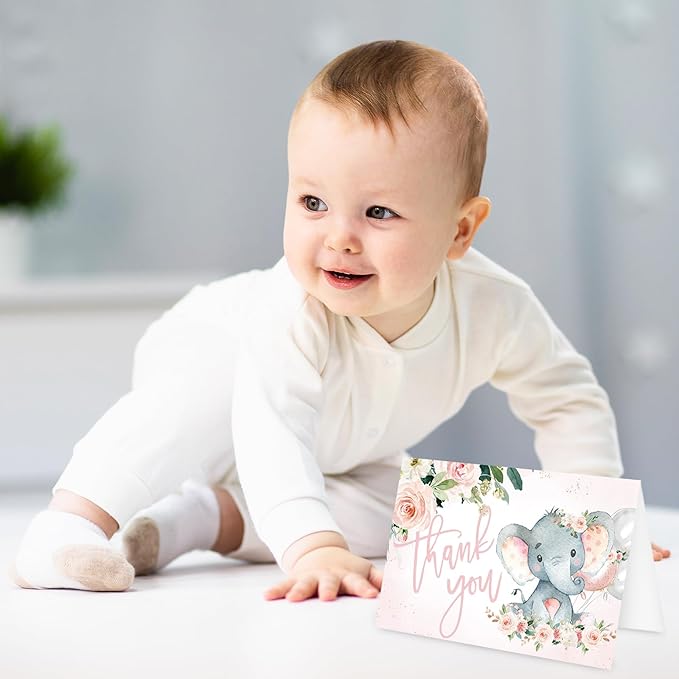 Whaline 24 Pack Baby Shower Thank You Cards Elephant Flower Greeting Cards with Envelopes Stickers Pink Floral Animal Blank Note Cards for Birthday Party Invitation Supplies, 4 x 6 Inch