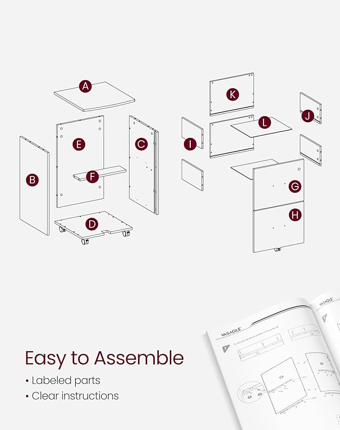 VASAGLE 2-Drawer File Cabinet, Locking Filing Cabinet for Home Office, Small Rolling Printer Stand, A4, Letter-Size Hanging Files, Assembly Required, White ULCD027T46V2