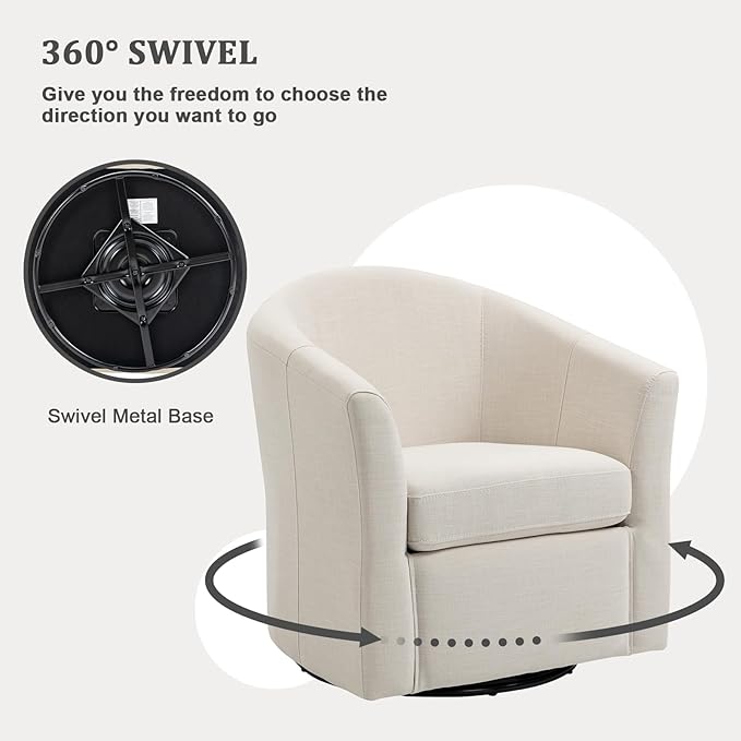 UIXE 360° Swivel Barrel Accent Chair, Modern Round Arm Chair Upholstered Club Armchair, Single Sofa Seating in Fabric for Living Room, Bedroom (Beige)