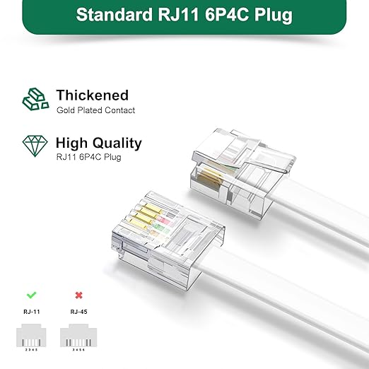 Uvital 25 Feet Phone Line Cord, RJ11 Phone Cable with 20pcs Cable Clips, Landline Telephone Wire and Coupler for Modem, Fax Machine - White