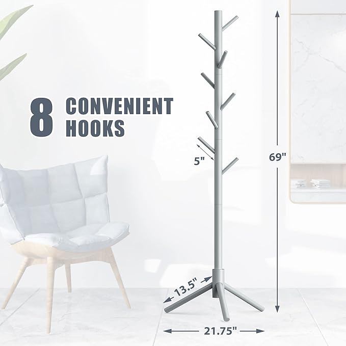 Haddockway Wooden Coat Rack Stand with 8 Hooks New Zealand Pine 3 Adjustable Coat Standing Tree Easy Assembly for Coats, Hats, Scarves and Handbags for Entryway, Hallway, Bedroom, Office