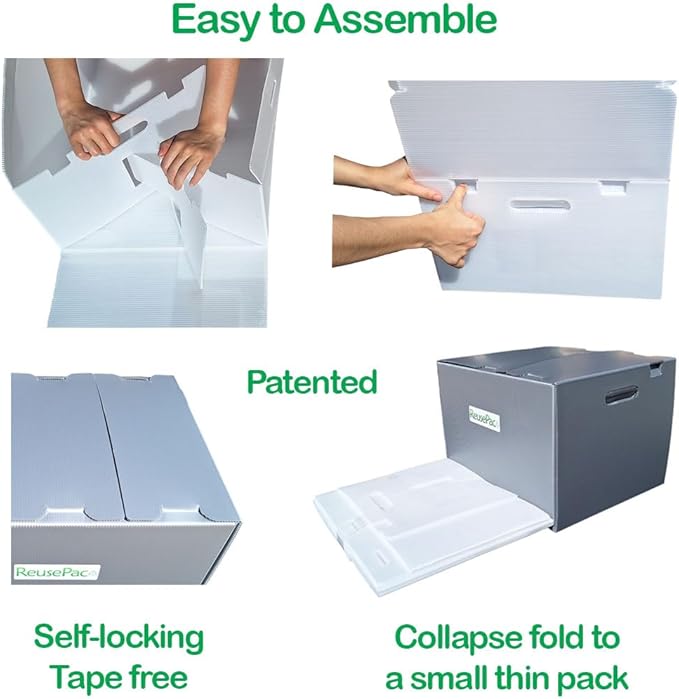Reusable Foldable Box Corrugated PP, Storage Moving, Heavy Duty Stackable, Tape Free Self-Locking Lid, Handles for Business Home Lightweight In/Outdoors X-Large (Gray, 18x14x12 in)