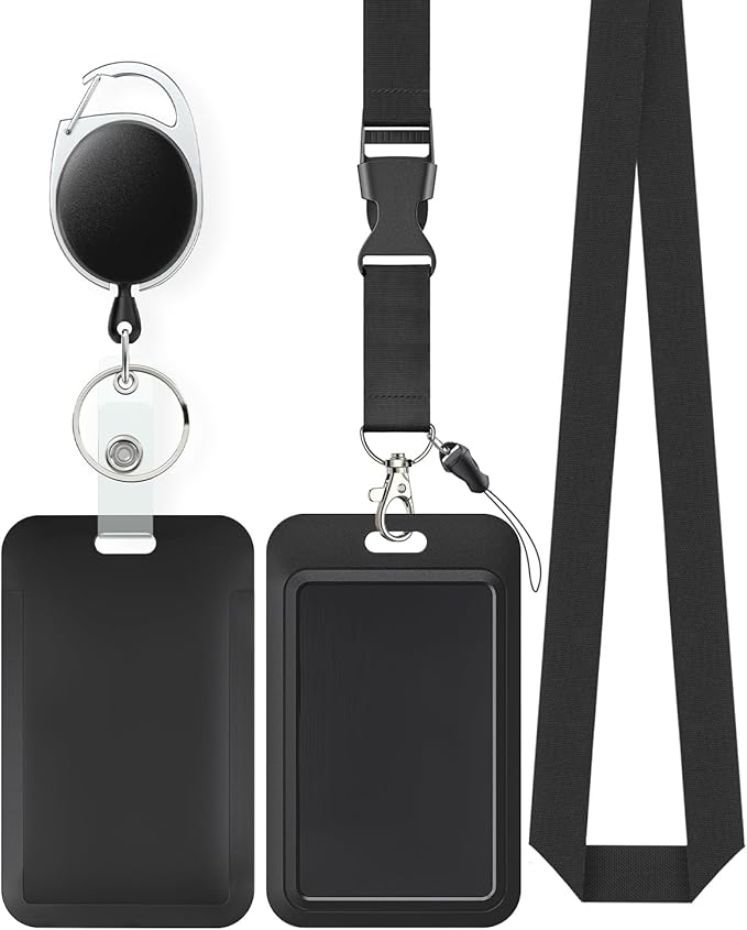 Uniclife Sliding Badge Holder Vertical Plastic Case with Retractable Badge Reel Carabiner and Detachable Lanyard Strap Hard Card Protector for ID Credit Proximity Key Card Driver’s License and Pass
