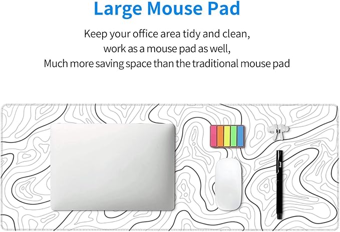 Abstract Topographic Map White Grey Black Gaming Mouse Pad Long Mouse Pad Large Desk Mat 31.5 X 11.8 Inch Mousepad with Non-Slip Base Stitched Edge Keyboard Mat for Gaming Office