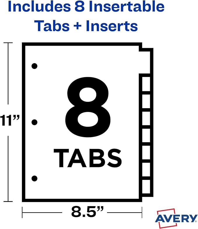 Avery Dividers for 3 Ring Binders, 8-Tab Binder Dividers, Plastic Binder Dividers, Insertable Big Tabs, Multicolor, 24 Sets (11901)