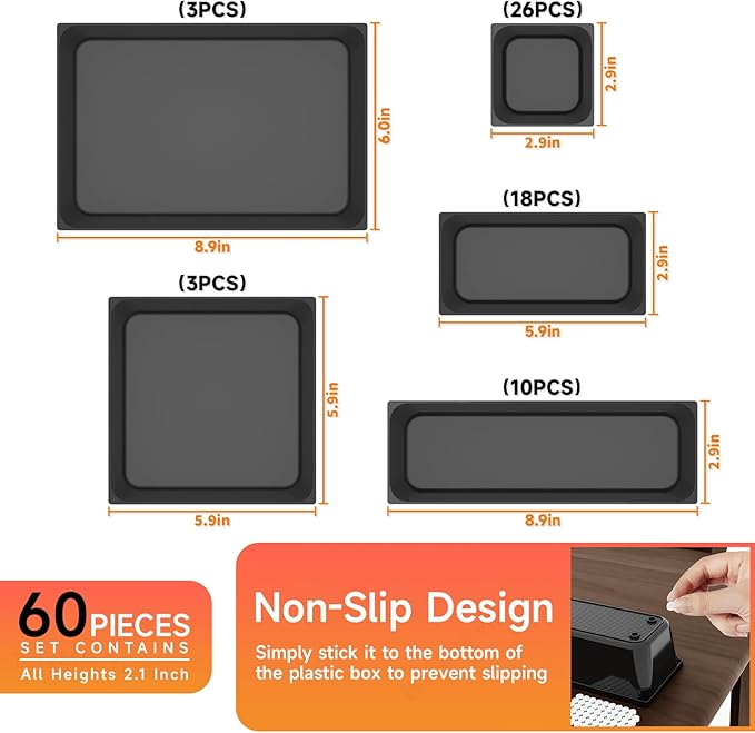 60 Pcs Plastic Drawer Organizer Set,5 Size Small Storage Containers for Organizing Jewelry,Utensil,Junk,Tea,Makeup,Shallow Drawer Organizers Tray Suitable for Office,Desk,Bathroom,Vanity,Kitchen,Black