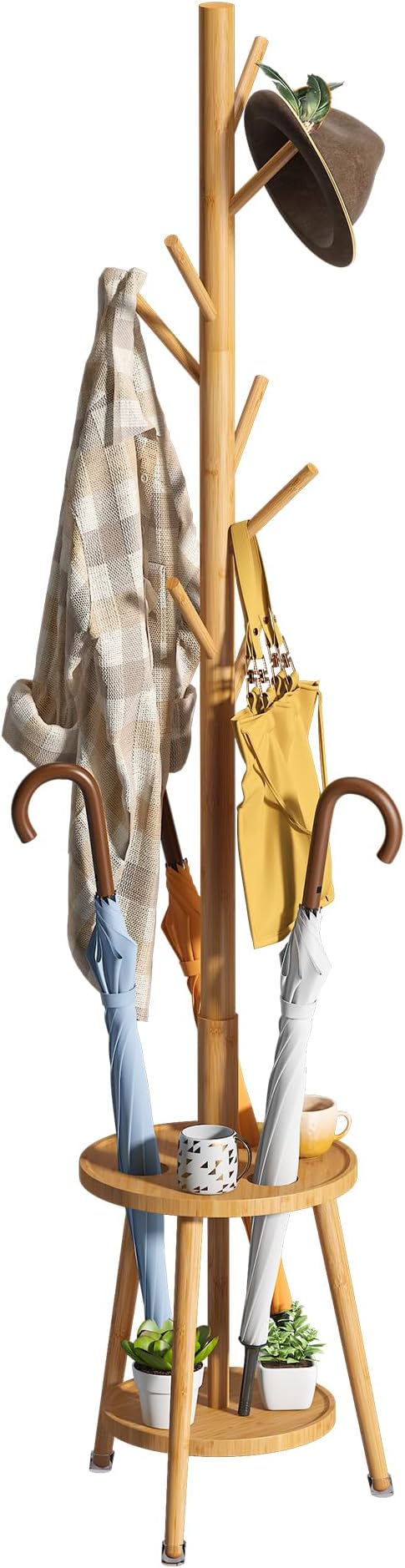 FILWH Freestanding Coat Rack with Umbrella Organizer Tray Bamboo Coat Tree Rack with 8 Hook Stand for Clothes Bag Hats Entryway Hanger Stand(Nature)