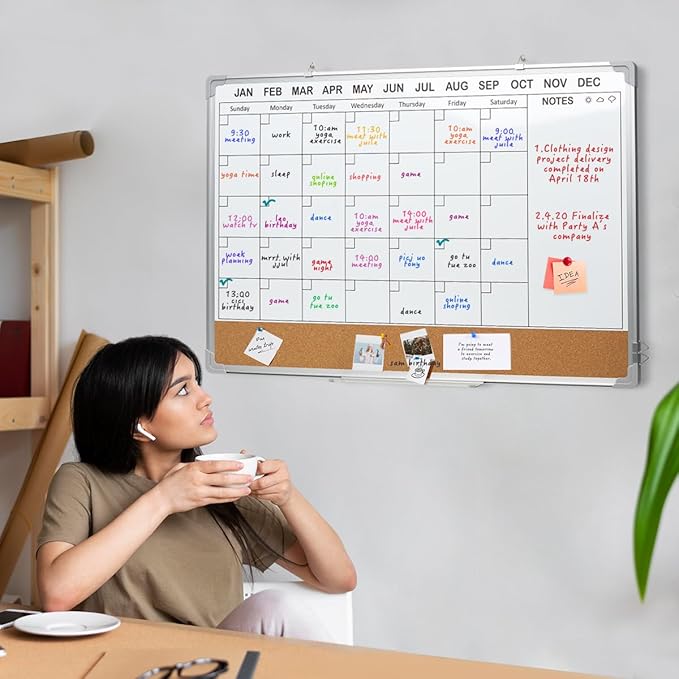 Calendar Whiteboard for Wall,36" x 24" White Board Calendar Dry Erase with Silver Aluminum Frame,Double Side Wall Hanging Board for Office,Home,Kitchen