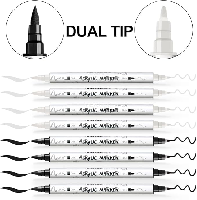TRANSON 4 Black and 4 White Paint Markers Brush and Fine Dual-tip Acrylic Paint Marker Set for Rock Painting Glass Canvas Wood Leather Ceramic Painting