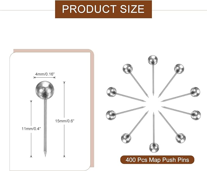 uxcell 400 Pcs Push Pins, Map Thumb Tacks 4mm Round Head Decorative Push Pins for Bulletin Board Home Office Travel Wall DIY Crafts Map Photo, Silver