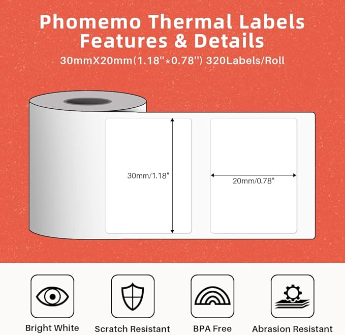 960 pcs Thermal Sticker Barcode Label Paper, Phomemo Multi-Purpose Self-Adhesive Tag for M110/M220/M108/M250/M260/M120/M150 Label Maker Machine, 1.18'' x 0.78"(30X 20mm),320 Pcs/Roll, Black on White