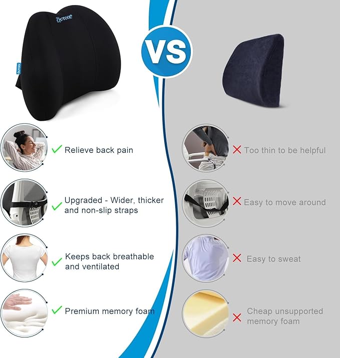 QUTOOL Lumbar Support Pillow for Office Chair, Memory Foam Low Back Support for Car,Back Pain Relief, Ergonomic Back Cushion for Desk Chair,Gaming Chair,Adjustable Strap and Washable Cover