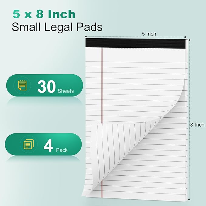 Legal Pads 5x8 Inch, 4 Pack, Narrow Ruled, 5x8 White Legal Pad, Mini Double-Sided Printing Notepad Perforated Note Pads 5x8" Lined Paper, Lined Writing Pads for Office Home School, 30 Sheet/Pad