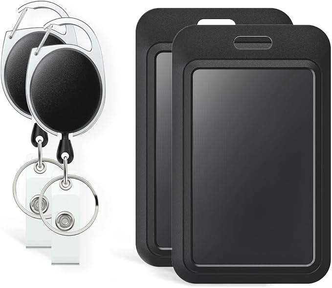 Uniclife 2 Pack Sliding Badge Holder Hard Black Vertical Plastic Card Case Protector with Retractable Badge Reel Carabiner for Office School ID Credit Proximity Key Card Driver’s License and Pass