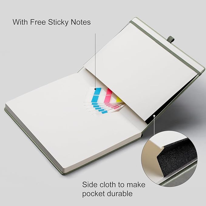 EMSHOI Lined Journal College Ruled Notebook – 8.5"x11" Hardcover Leather Journal for Women Men Office Work, 192 Pages 100 GSM Thick Paper, A4 Writing Notebook with Sticky Notes, Green
