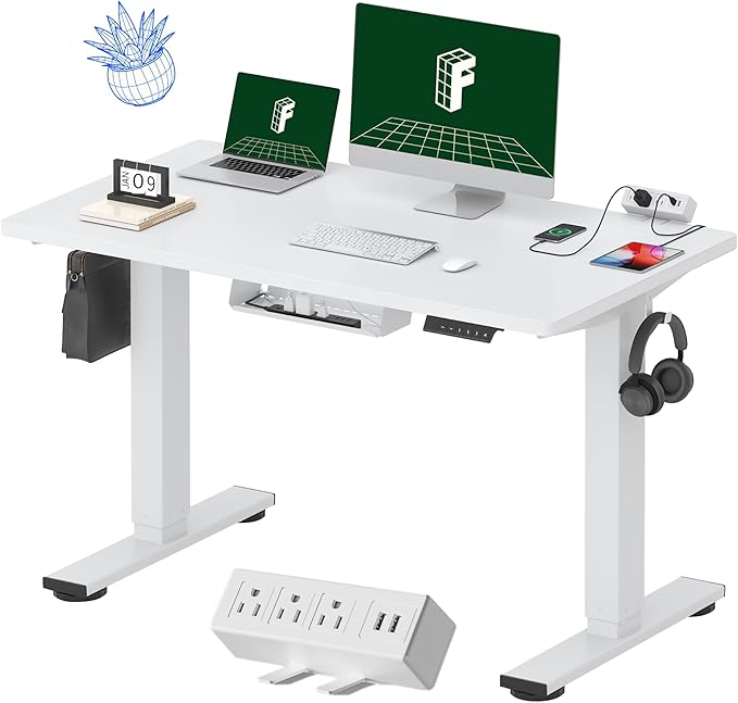 FLEXISPOT EN2 Whole-Piece Standing Desk with Clamp Power Strip, 48x24 Electric Stand Up Height Adjustable Desk with Cable Management (White Frame + 48" White Top)