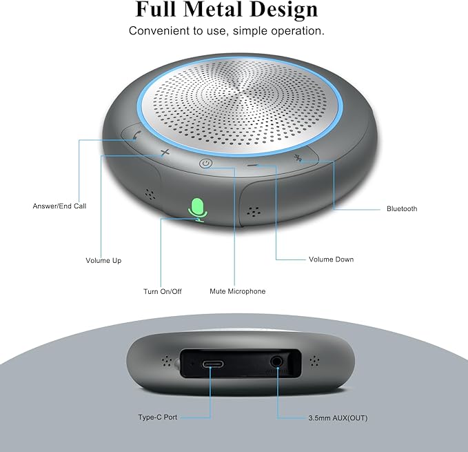 Conference Speaker with Microphone, Silver 360° Voice Pickup Portable Conference Microphone Noise Reduction Bluetooth 5.0 Speakerphone for Zoom, Webex, Home, Office, Online Calling