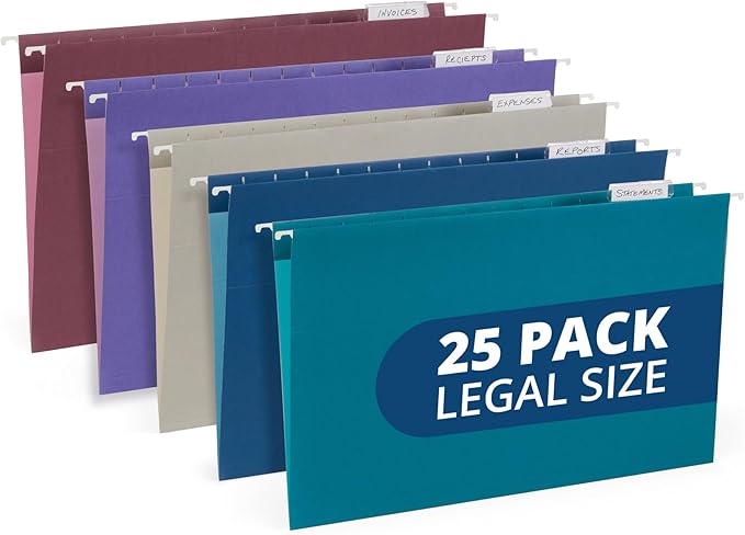 25 Blue Summit Supplies Colored Hanging File Folders Legal Size, Assorted Jewel Tone Colors, Legal Size Hanging File Folders with Plastic Tabs and Inserts, Durable 11pt Paper