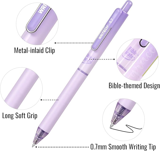 WRITECH Bible Mate Journaling Set: No Bleed Bible Highlighters & 0.7mm Black Ink Ballpoint Pens, Fast-Drying Ink, Pastel Colors Highlighter, Journaling Kit, 9ct