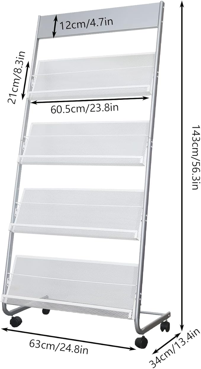 4-Layer Iron Magazine Rack with Wheels, Newspaper Rack, Display Rack, Silver (63)