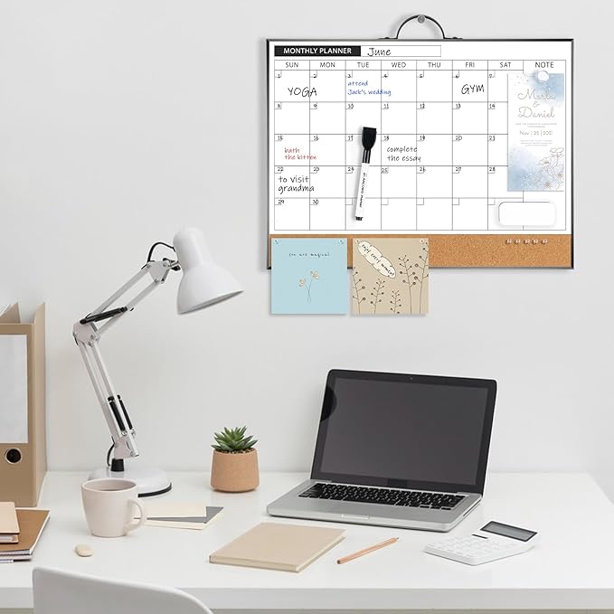 ARCOBIS Monthly Calendar Whiteboard Dry Erase Cork Board Combination for Wall, 12"x16" Magnetic Dry Erase Board, Double-Sided White Board, Portable Board for Planning, Office, School, Home, Black