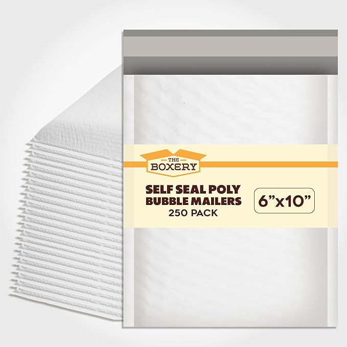 The Boxery 6x10''|#0 Poly Bubble Mailers- 250 Pack, Padded Envelopes, Self Seal, Waterproof Shipping Bags, Padded Mailers for Shipping & Packaging