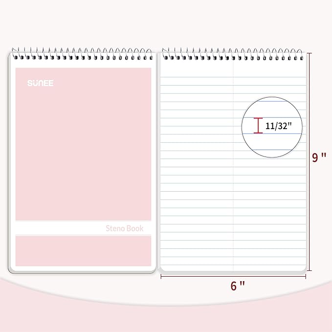 SUNEE Steno Pads 6x9 6 Pack, Gregg Rule, 60 Sheets, 6 Assorted Color Spiral Notebook 6x9, White Paper, Take Notes with Top Spiral Notebook, for School, University, College, Work, Office
