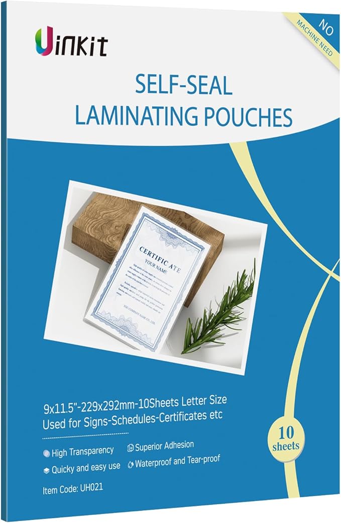 Uinkit Self Sealing Laminating Pouches, Waterproof Lamination Sheets for Document Permanent Adhesive 9x11.5inches 10Pack 10mil Thick Gloss Finish No Need Machine (9x11.5Inchesx10Pack)