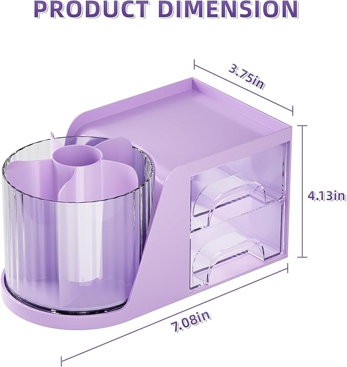 Marbrasse Desk Organizer with 2 Drawer, 360 Rotating Pen Holder, 6 Slots Pencil Organizer + 2 Drawer, Art Supply Storage Box Caddy for Office (Purple)