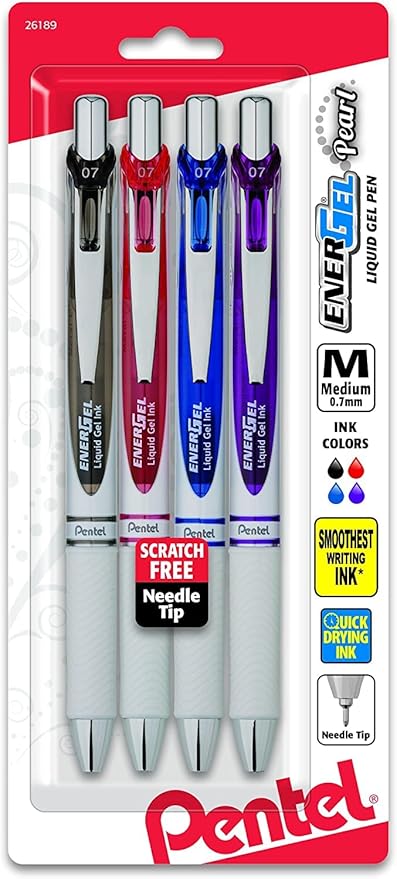 Pentel EnerGel Pearl RTX Retractable Liquid Gel Pen, (0.7mm), Medium Line, Needle Tip, Assorted Ink Colors, Pack of 4 (BLN77WBP4M)