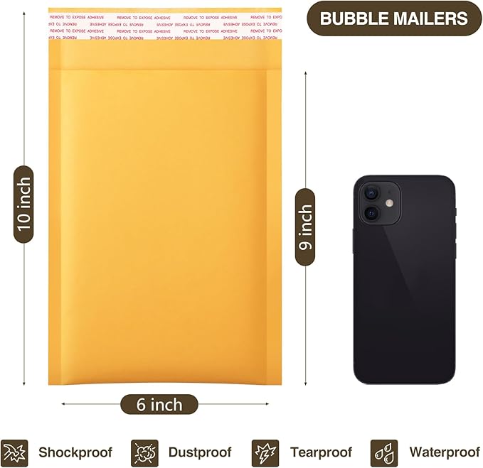 UCGOU Kraft Bubble Mailers 6x10 Inch 100 Pack Usable Size 6x9 Inch Yellow Padded Envelopes #0 Small Business Mailing Packages Self Sealing Tear Resistant Boutique Shipping Bags for Jewelry Supplies