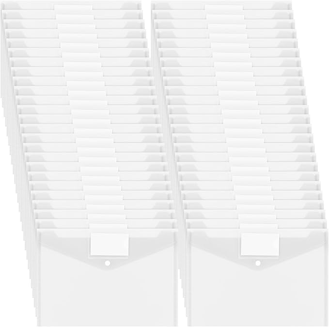Yeaqee 50 Pcs Plastic Envelopes Poly Envelopes File Folders with Snap Button Closure Clear Folders for Documents US Letter A4 Size Filing Holder with Label Pocket for Home Office School(Transparent)