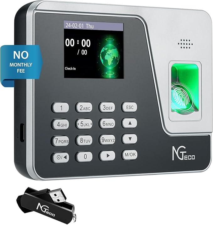 NGTeco Time Clocks for Employees Small Business, AS10 (Fingerprint+PIN) Times Clock, Standalone Clock in Clock Out Machine Supporting Shift Schedules, No Need WiFi & Software, No Monthly Fee