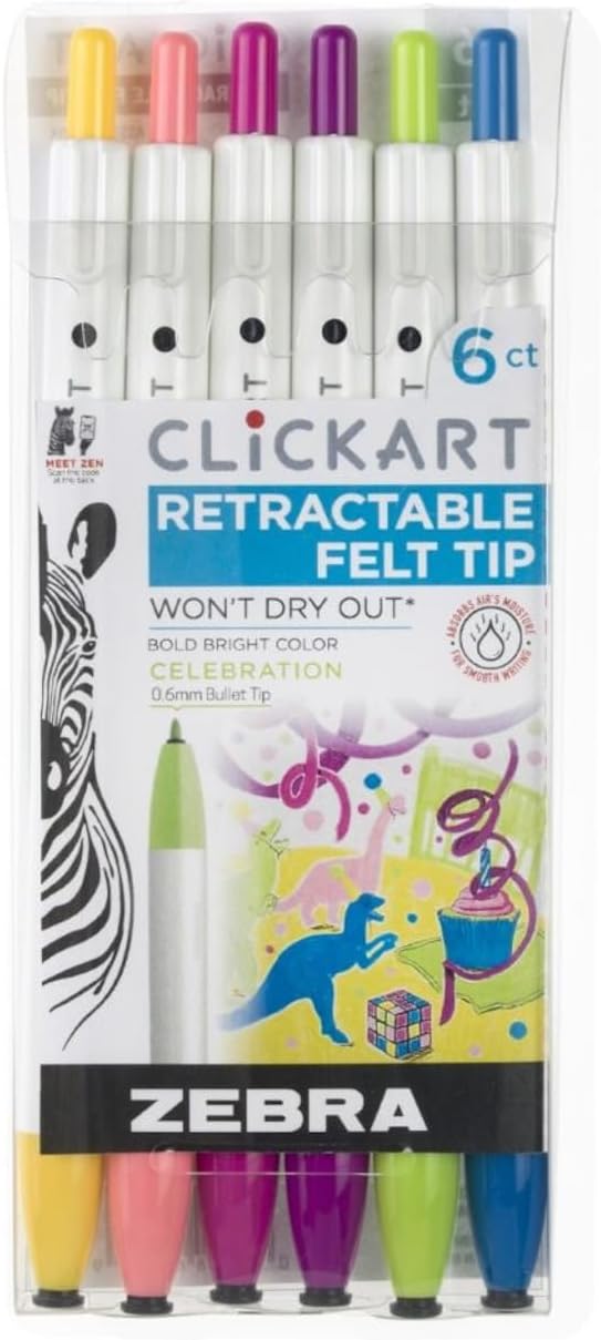 Zebra Pen ClickArt Retractable Marker Pen, 0.6mm, Assorted Celebration Colors, 6-Pack (69076)