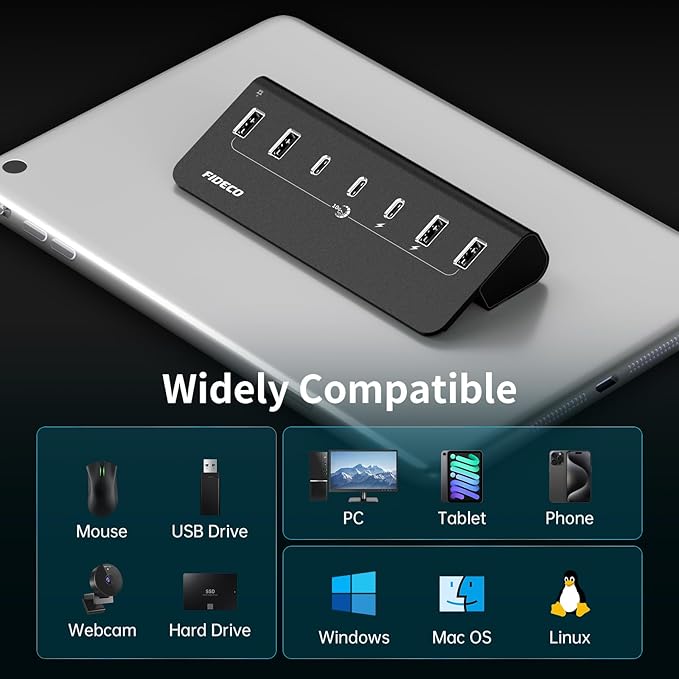 FIDECO Powered USB Hub, 7 Port USB 3.2 Gen 2, 10Gbps Fast Data Hub for iPhone 16/15 and Laptop, Aluminum USB Splitter with 5V 3A Power Adapter, 4 USB-A and 3 USB-C Ports, Support BC1.2 Charging