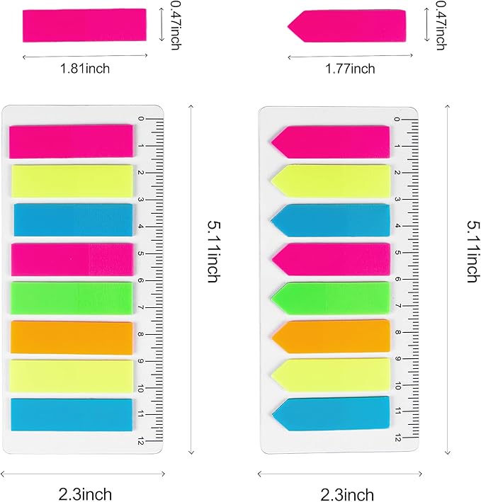 Golcellia Fluorescent Translucent Sticky Tabs, 1600 Pcs Total, Pack of 8 Colors, Arrow and Strip Sticky Notes, Small Page Flags