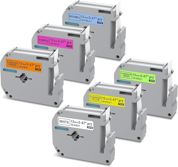 6 Pack Color M-K231 Compatible Label Tape Replacement for Brother P Touch M Tape M231 M-K231s 12mm 0.47 Inch for Brother P-Touch Label Makers PT-M95 PT-90 PT-70 PT-65 PT-85 Label Makers,Black on White