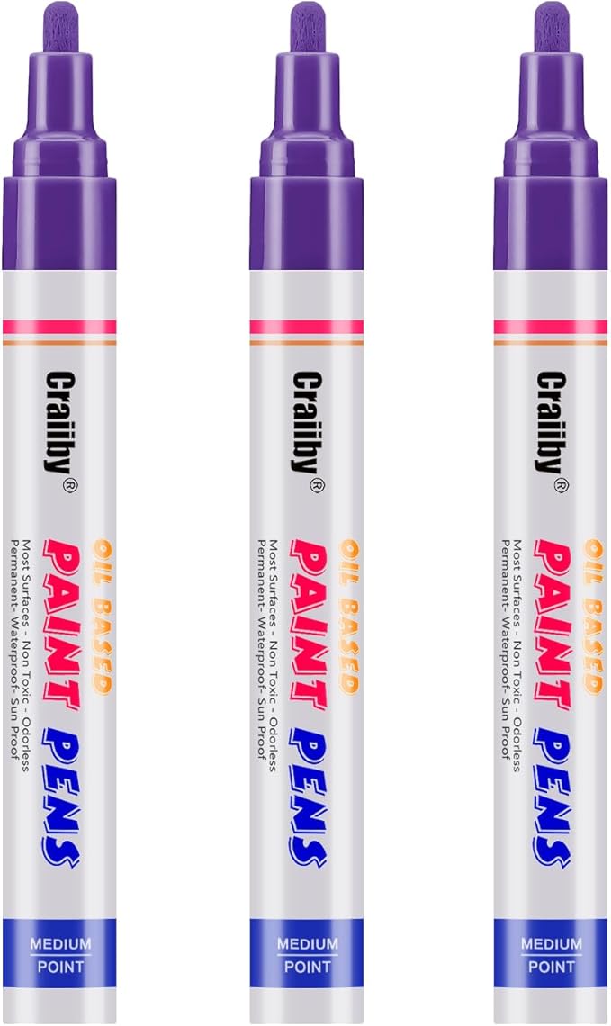 Purple Paint Markers, 3 Pack Oil-Based Waterproof Quick Dry Permanent Paint Pen Set for Rocks Painting, Wood, Fabric, Plastic, Canvas, Glass, Mugs, Metal, Tire, Stone, DIY Craft