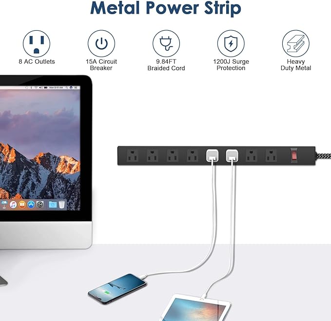 Metal 8 Outlet Mountable Power Strip with Switch,Wide Spaced Heavy Duty Wall Mount Power Strip Surge Protector 1200J,10FT 14AWG Braided Cord 15A 125V 1875W for Home Office Industrial Garage Commercial