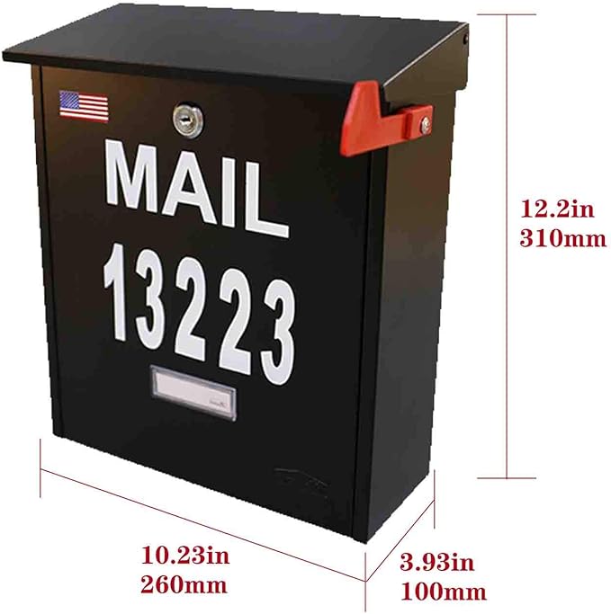 Wall Mount Locking Mailbox - Black Large Capacity Security House Numbers Mailbox - Waterproof Stainless Steel Vertical Drop Mail Box Outdoor with Keys