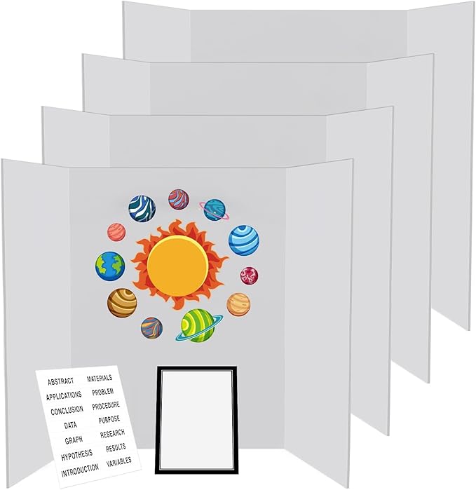 4 Pcs Trifold Display Board 36"x 48" Large White Presentation Board with Board Headers 4 Science Subtitles 32 Black Edge Self Adhesive Paper Poster Board for School Projects and Business Presentations