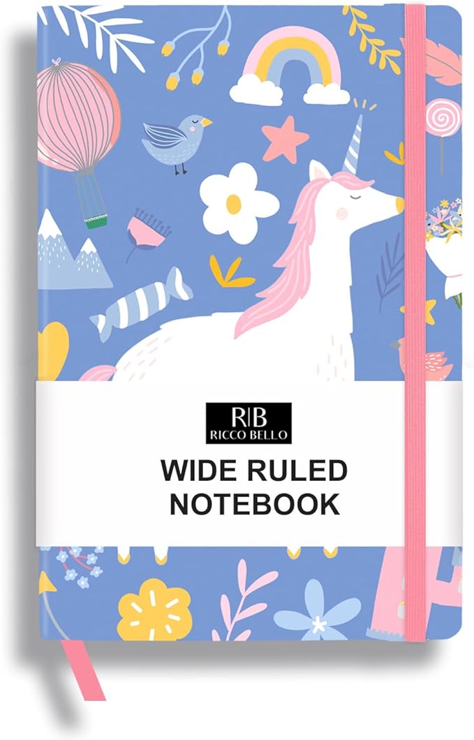 RICCO BELLO Wide Ruled Hardcover Diary Journal School Notebook for Kids, Tweens - Bookmark, Band Closure, Storage Pocket, 5.7 x 8.4 Inches,192 Pages, (Blue Unicorn)