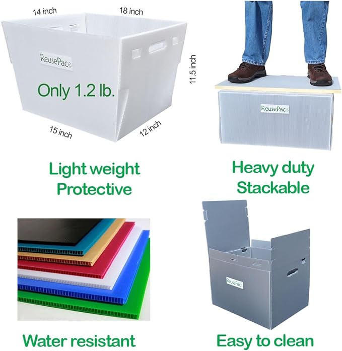 Reusable Foldable Box Corrugated PP Lightweight, Storage Moving, Heavy Duty Stackable, Tape Free Self-Locking Lid, Handles for Business Home In/Outdoors X-Large (nWhite, 20x16x10 in)